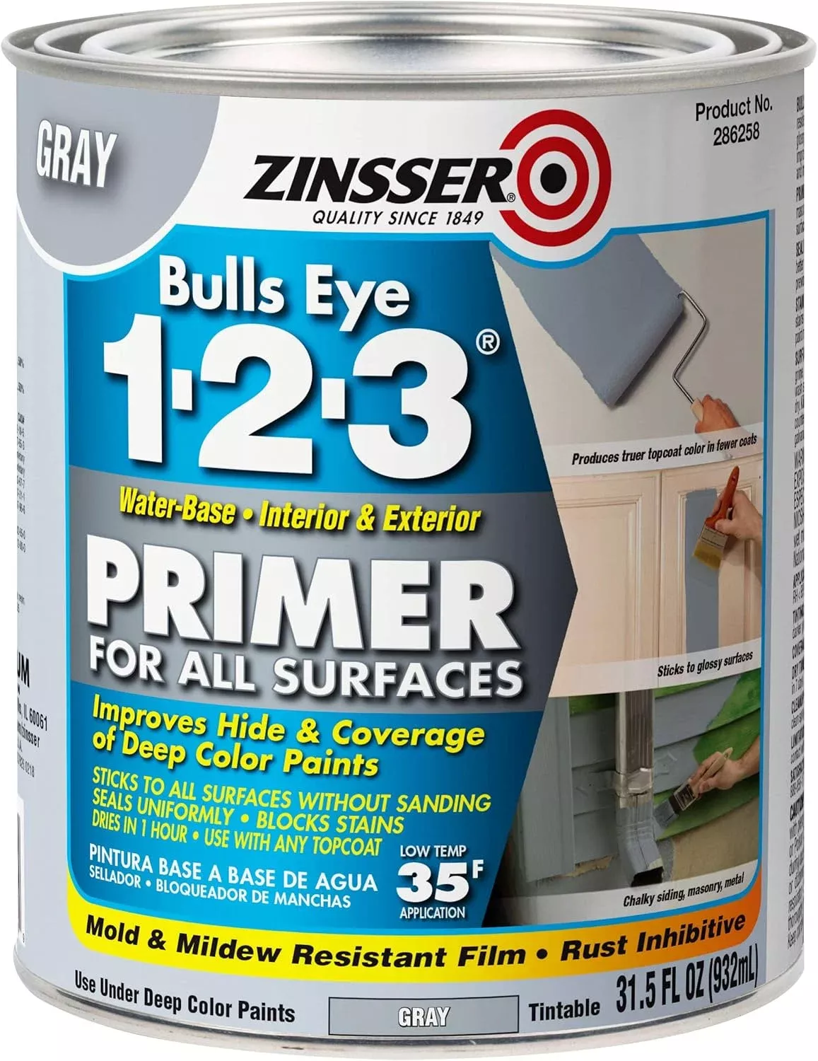 Zinsser 286258 Bulls Eye 1-2-3 All Surface Primer, Quart, Gray
